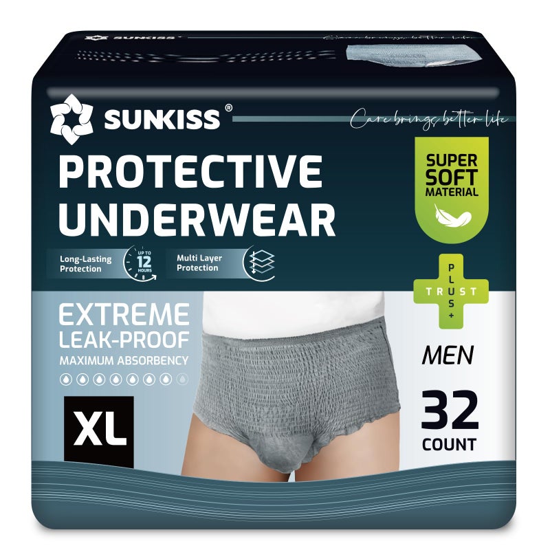 SUNKISS Incontinence Pants for Men, Daytime Disposable Adult Pull Ups, Mens Protective Underwear with Maximum Absorbency, Grey, XLarge, 32 Count